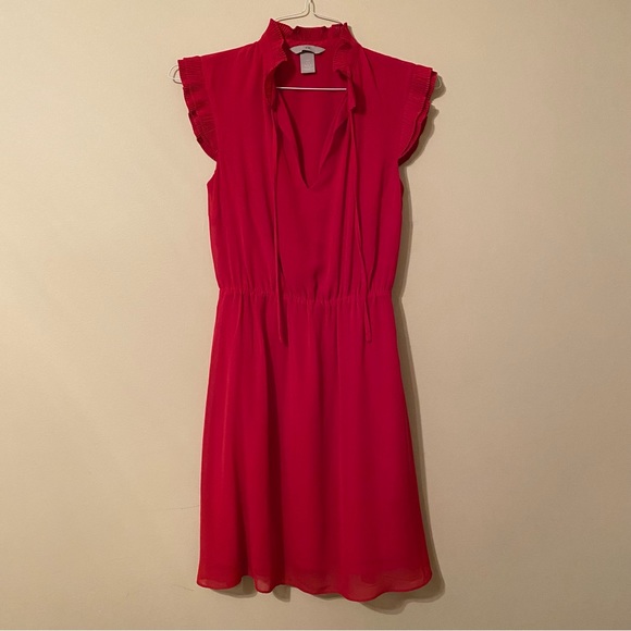 H&M red dress mini length cap sleeves elastic waist flowing material size 0 - Picture 3 of 15